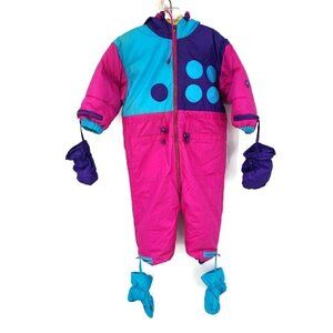 VTG 90s Brambilla France Down Snowsuit Girls 18/24 mos Mittens Booties Pink